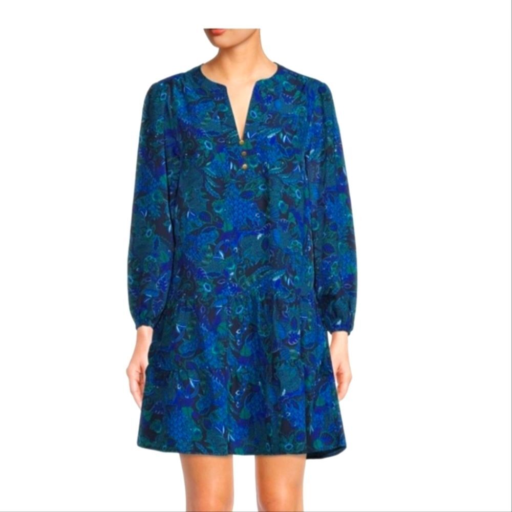 NEW Time & Tru Tiered Mini Dress Blue Floral Paisley Boho Cottage Fairy Peasant